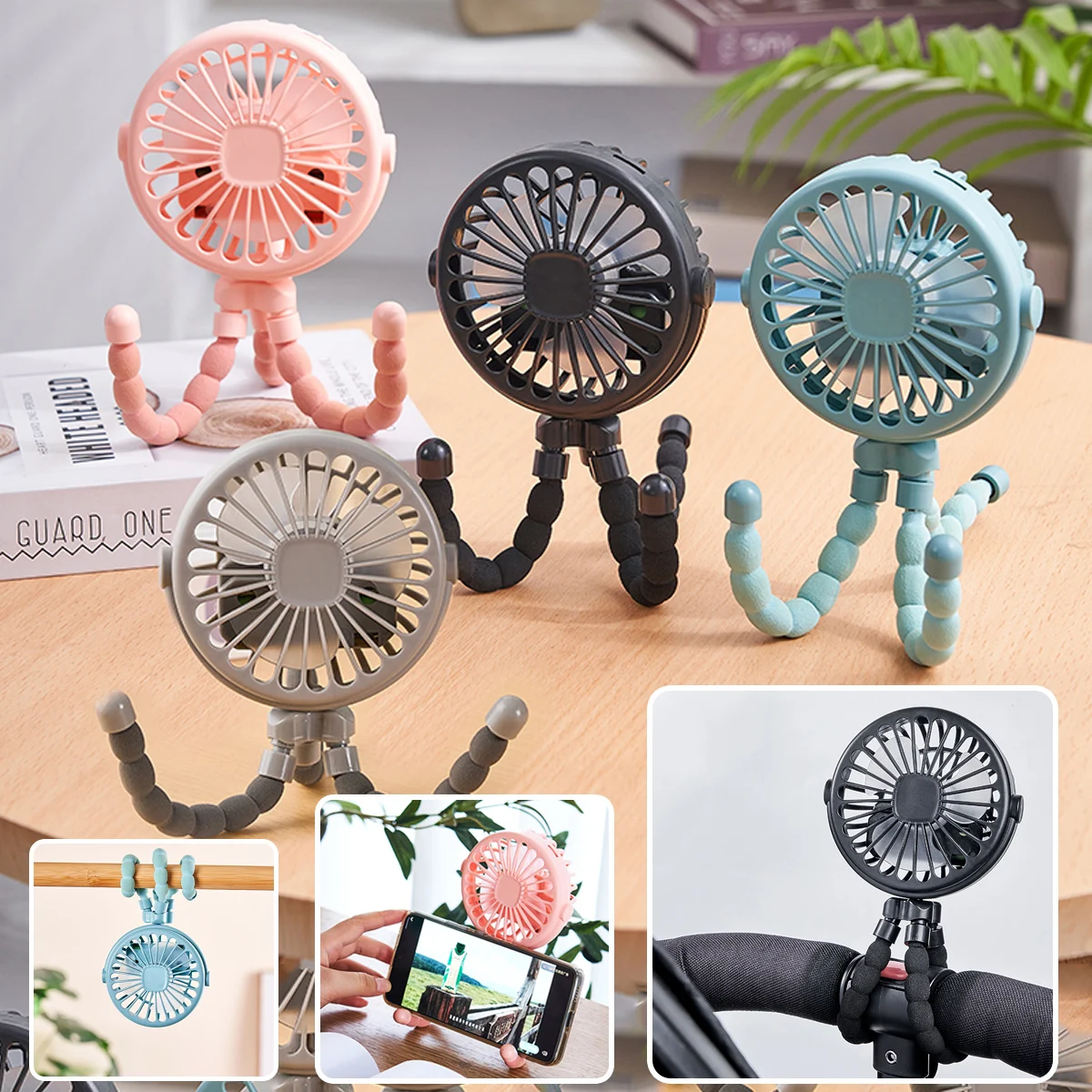 Ventilador de mano con forma de pulpo de pie, colgante y sinuoso, diseño de luz nocturna de 4 formas, batería recargable de larga duración, mini estudiante