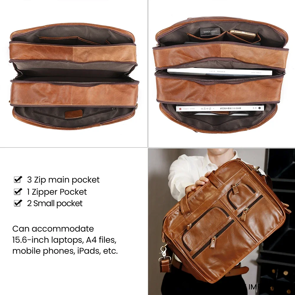Pasta masculina de couro genuíno, bolsa tote casual de negócios para laptop, bolsa de ombro crossbody, bolsa de mão grande para viagem