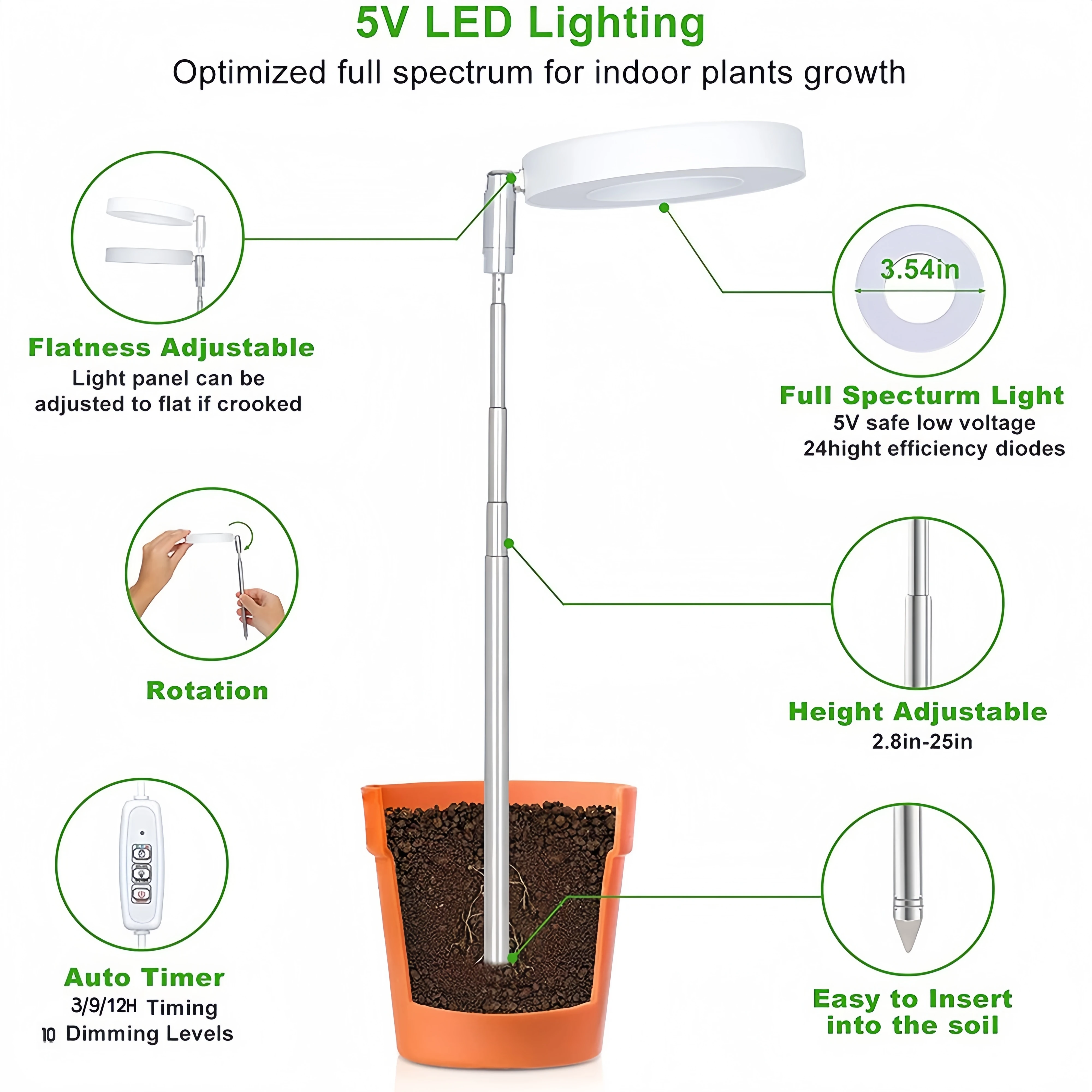 Lampa do uprawy roślin, LED Full Spectrum do roślin domowych, regulowana wysokość, automatyczny timer, niskie, bezpieczne napięcie 5V