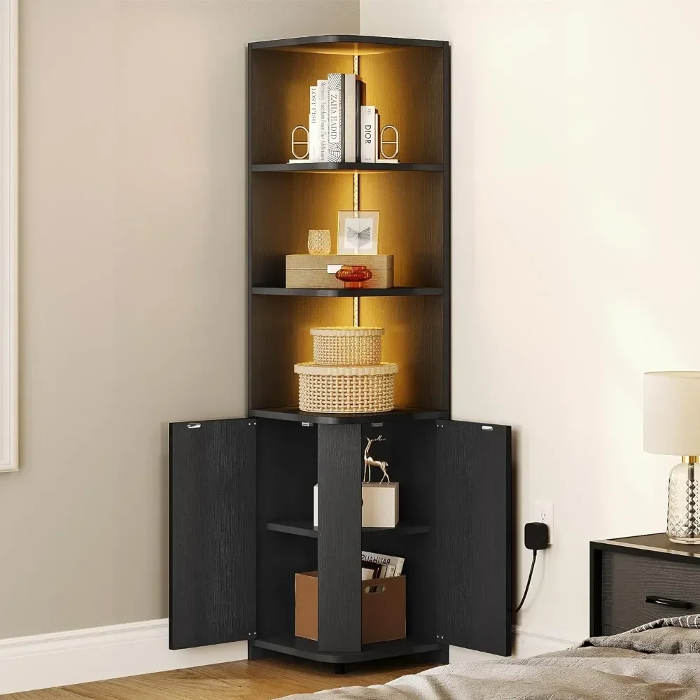 Corner Cabinet with LED Lights, 71.1“ Corner Bookshelf and Bookcase with Storage, Modern Display Corner Shelf for Living Room,