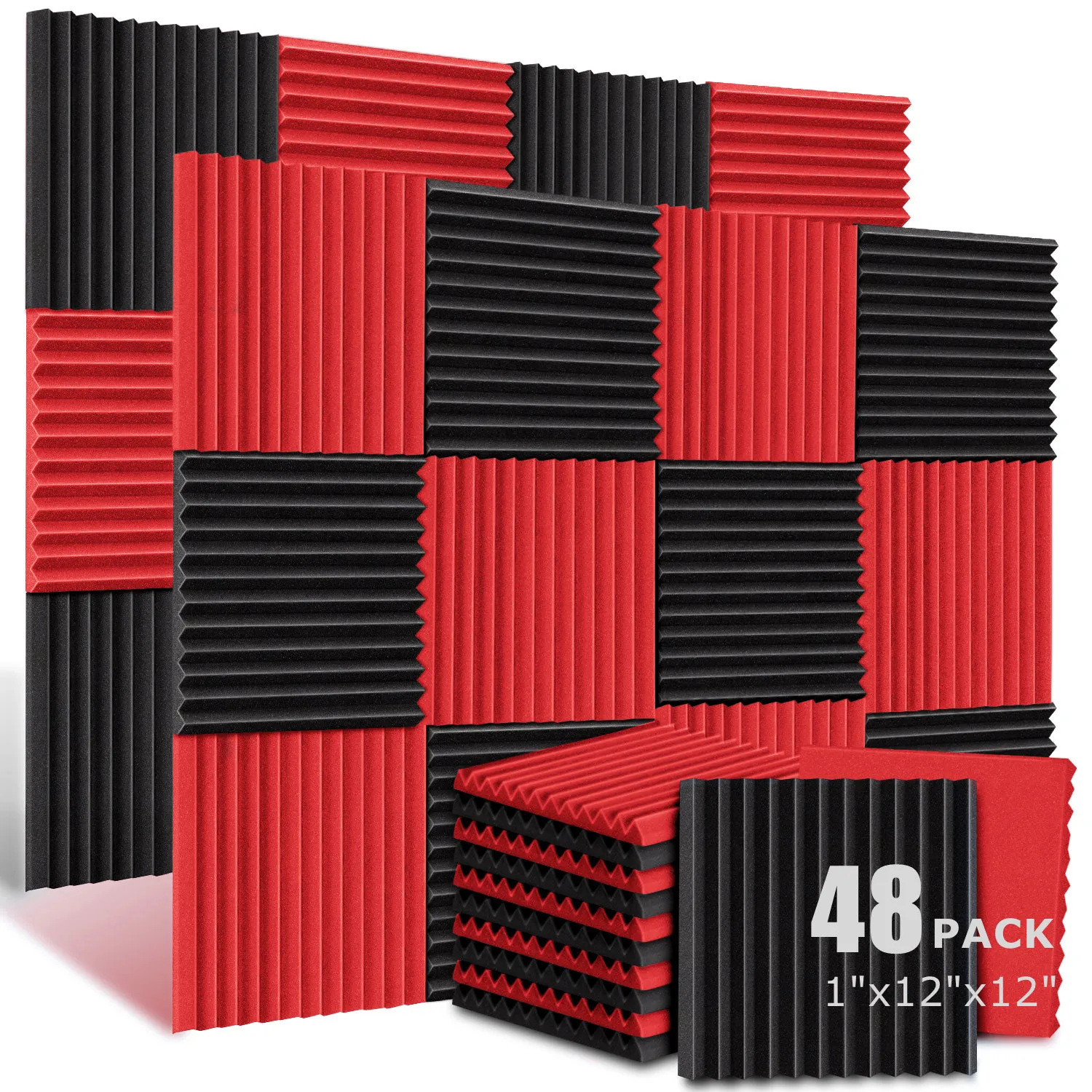 48 pacotes de painéis de espuma acústica de 1 "x 12" x 12 ", telhas de cunha de isolamento acústico, painéis de espuma de estúdio, tratamento de isolamento acústico, preto e vermelho