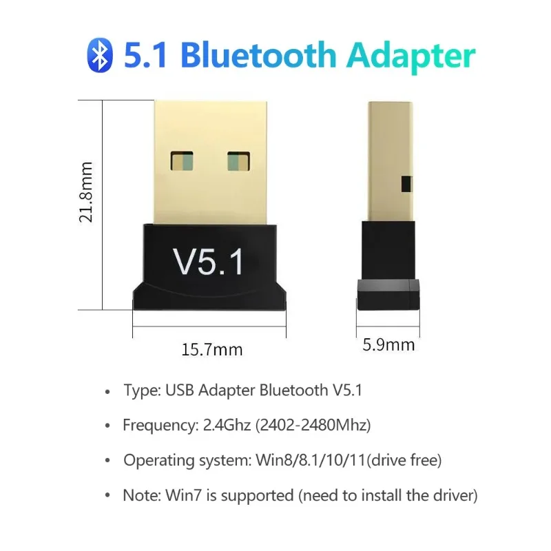 MINI adaptateur Dongle USB Bluetooth 5.1, pour PC portable, souris, clavier, tablette, téléphone, imprimante, haut-parleur de jeu, récepteur de transmission sans fil