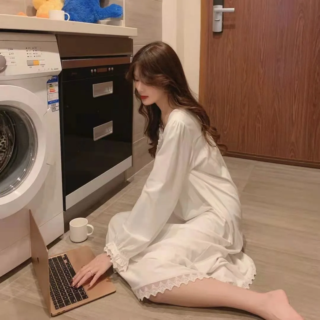 Nachthemd met lange mouwen, prinsessenstijl, damespyjama, kant, paleis, Koreaanse versie, los, grote maten 2024, nieuwe homewear, verjaardagscadeau