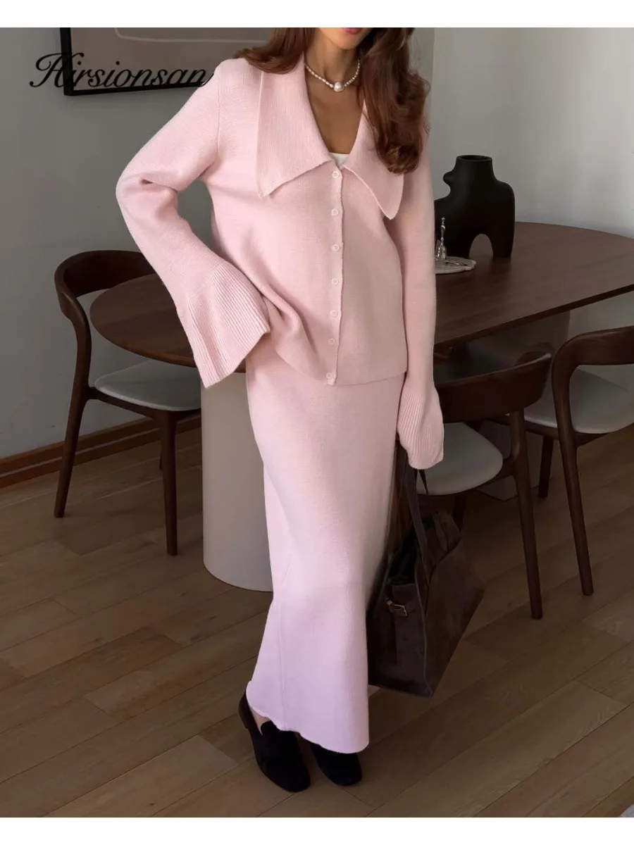 Hirsionsan Seksowne, miękkie, eleganckie damskie komplety w stylu vintage, 2-częściowe zestawy damskie: sweter z golfem i sukienka midi, dzianinowy dres.