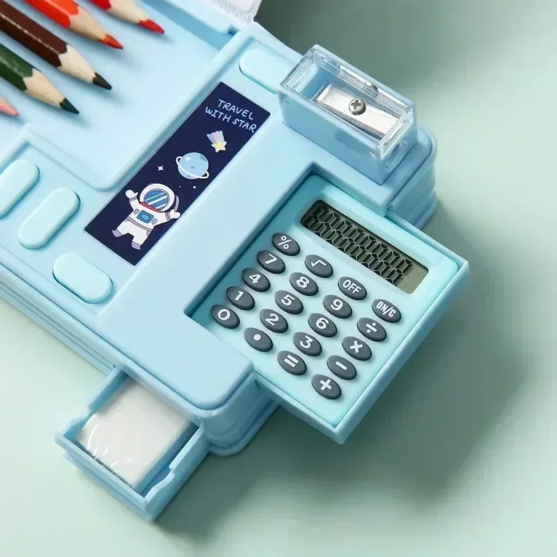 Creative Multi-functional Plastic Stationery Box for Primary School Students Double-sided Magnetic Pencil Calculator Sharpener