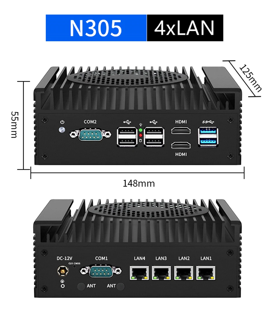 Firewall Mini PC 12. Generation Intel i3 n305 n100 Soft Router 4x i226-v 2,5g DDR5 2 * com 2 * HDMI Industrie computer effiziente Kühlung