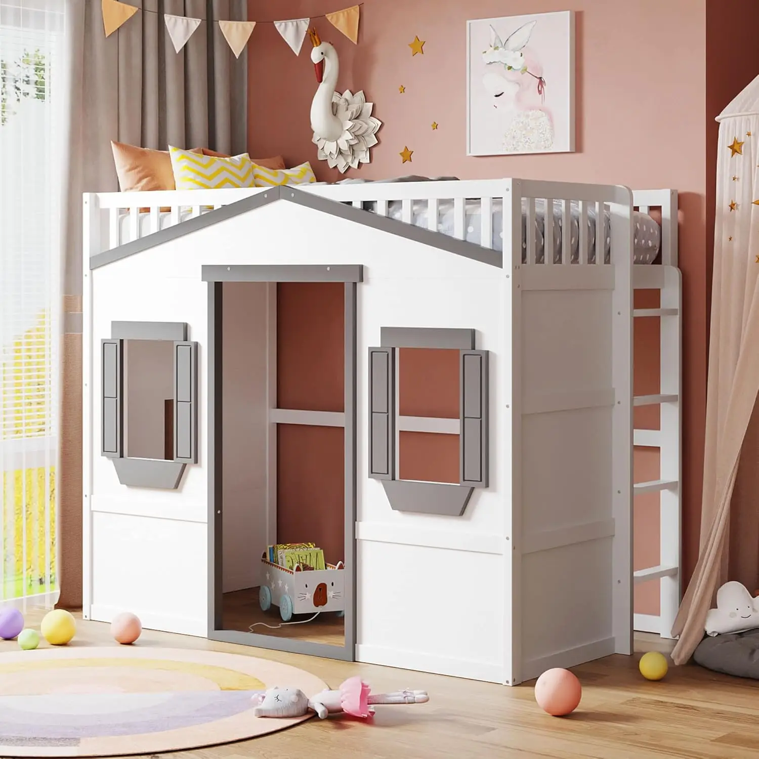 Kids Full Size Loft Bed Playhouse Design Window Ladder White Gray Solid Wood Frame Safety Space Saving Easy Assembly(Item Weight