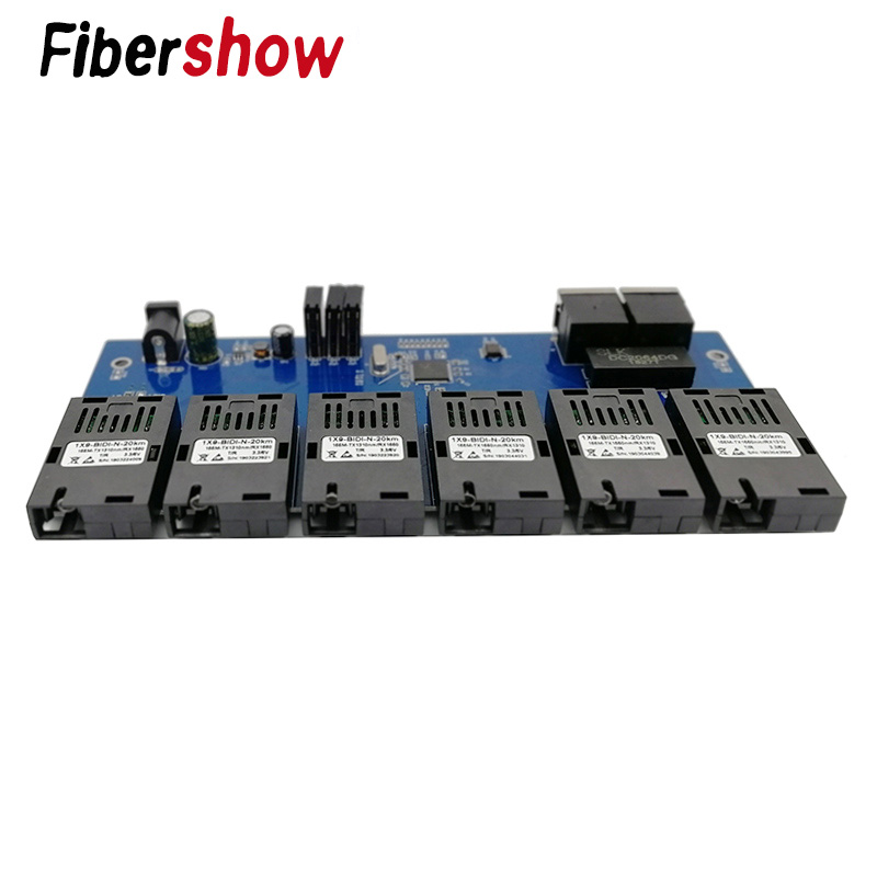 10/100M Fast Ethernet switch Converter 20KM Ethernet Fiber Optical Media Converter Single Mode 2*RJ45 and 6*SC fiber Port PCBA