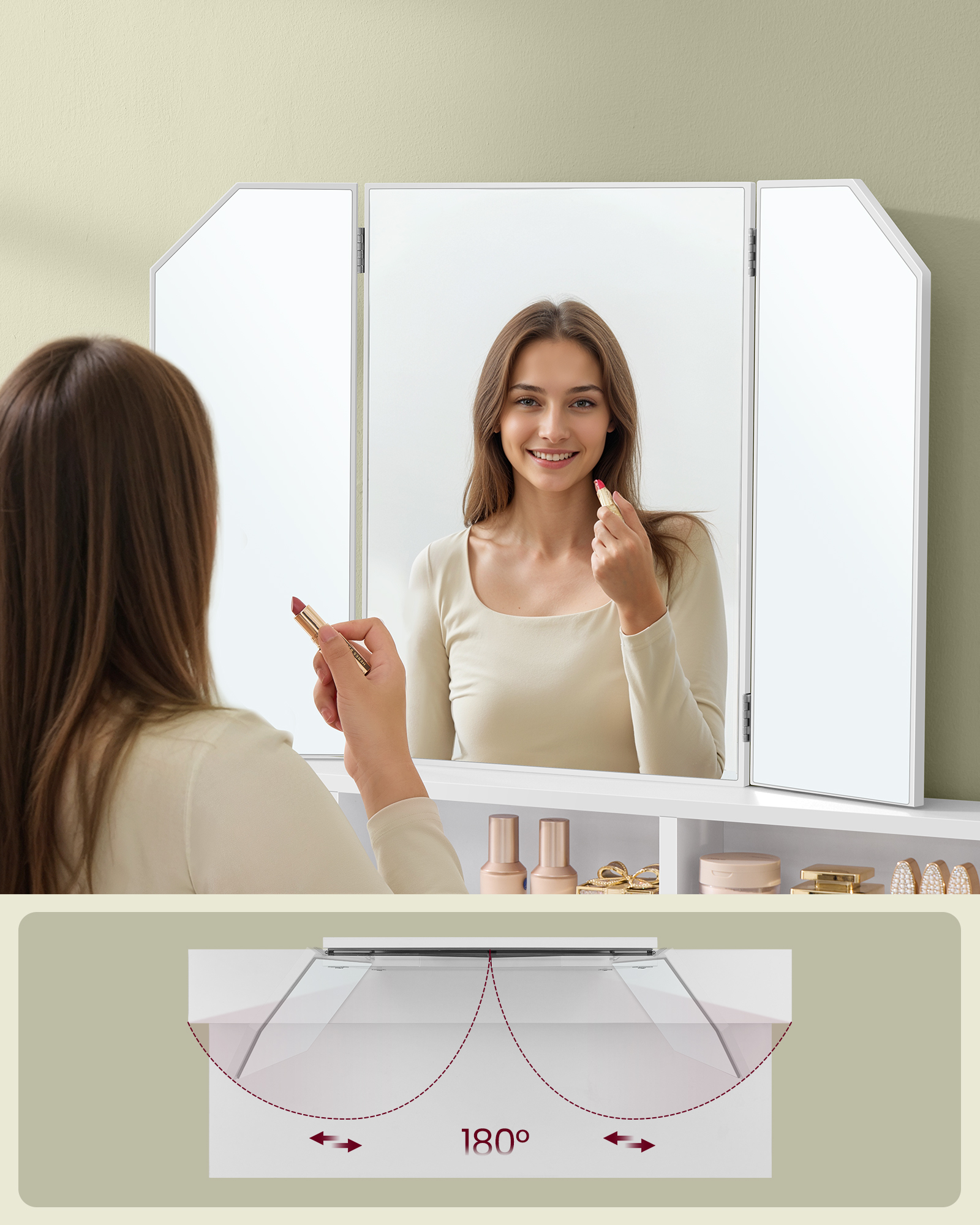 VASAGLE Schminktisch, Frisiertisch mit Klappspiegel und 2 Schubladen, Kosmetiktisch mit 3 offenen Fächern, Frisierkommode