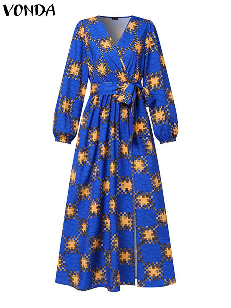 プラスサイズ VONDA 女性長袖プリントマキシドレス秋 2024 V ネックエレガントなパーティーサンドレスボヘミアンスリットカジュアルローブベルト付き