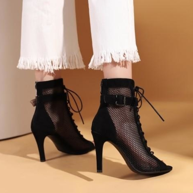Mesh Cool Damen Sommer Kurze Stiefel Netzstiefel Fischmaul Kleine Größe Dünne Ferse High Heel Tanz Ballsaal