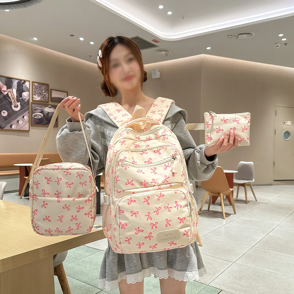 Mode coréenne nœud imprimé femmes mode sac à dos léger Simple étudiant cartable femme sac ensemble trois pièces