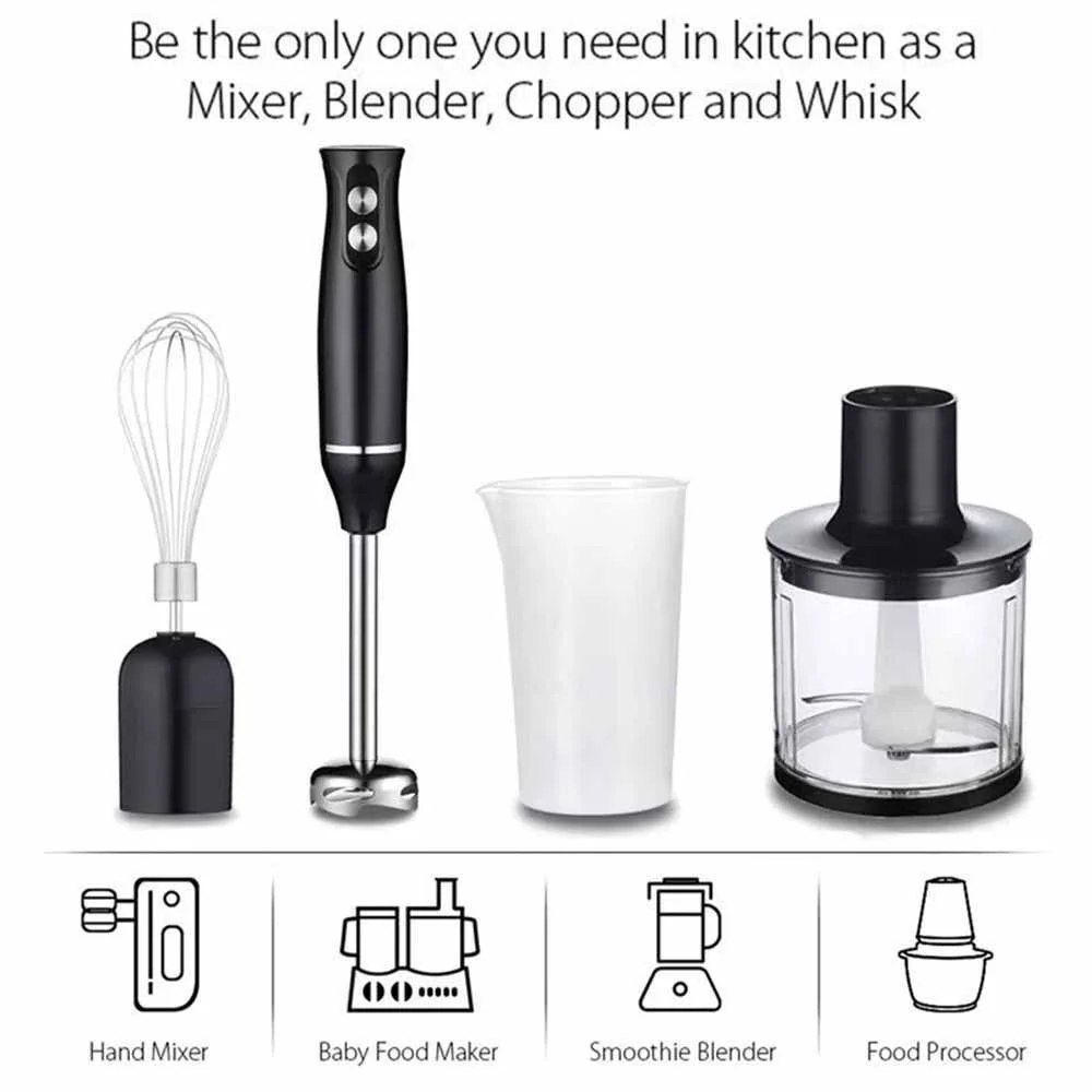 500 W elektrischer Stab-Stabmixer, 4-in-1-Handmixer, Edelstahlklinge, Gemüse, Fleisch, Eintauchen, Schneebesen, Entsafter-Set