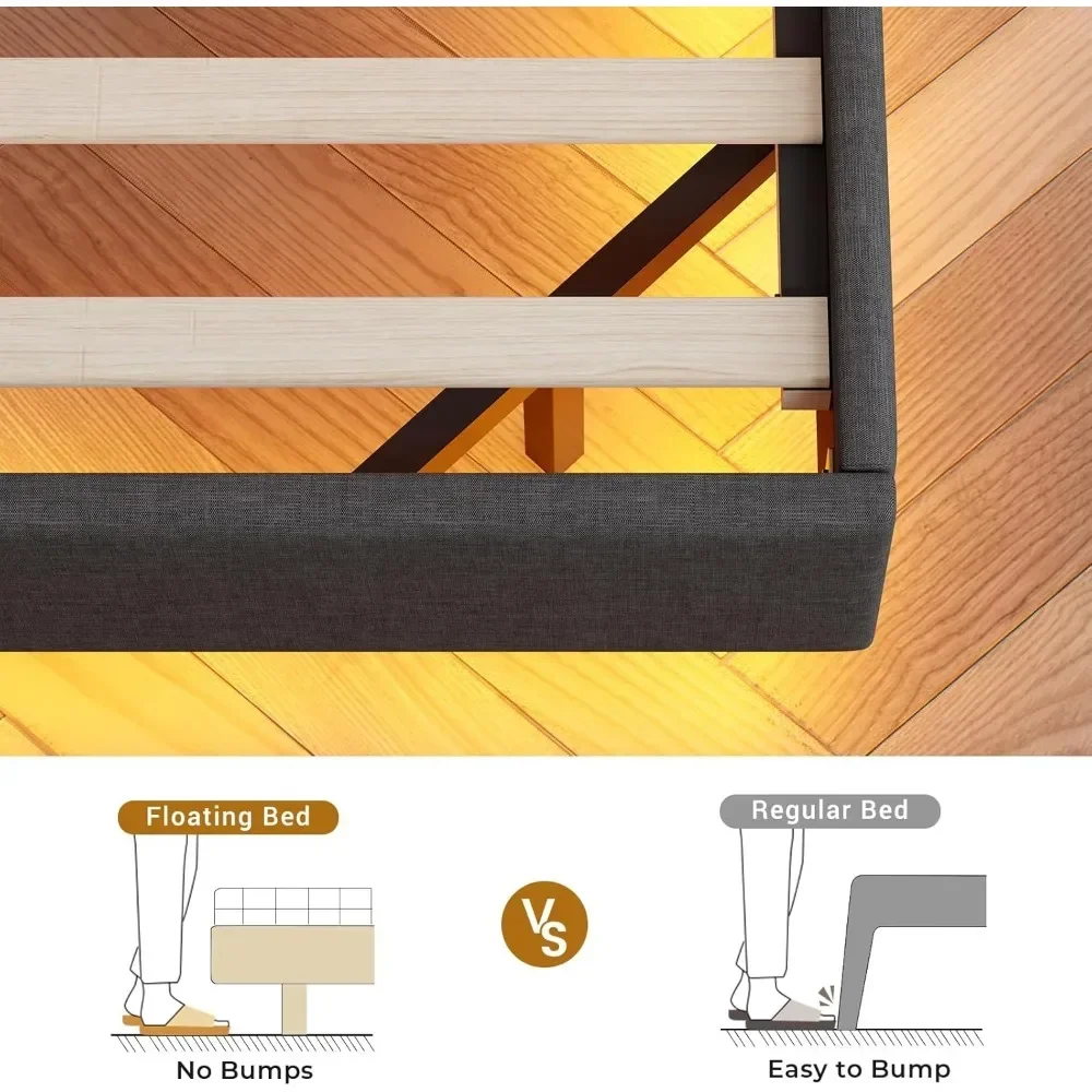 King Size Bed Frame with Type-C Charging Station& Hidden Storage Headboard, RGB Floating Platform Bed Frame
