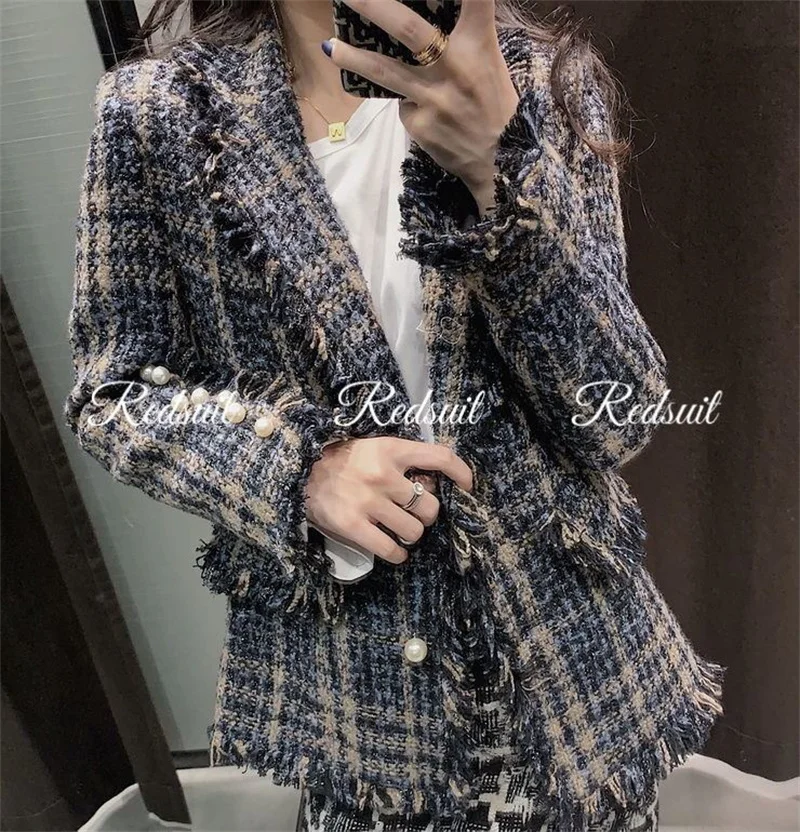 女性のカジュアルな春のスーツ,中程度の長さのジャケット,スリムフィット,ツイード,2021
