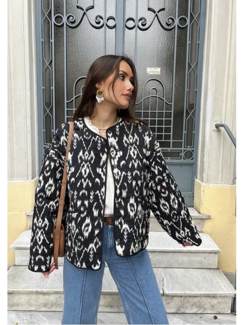 ETJ 2025 moda feminina elegante estampa animal edição solta vintage gola redonda jaqueta acolchoada de algodão opção multicolorida