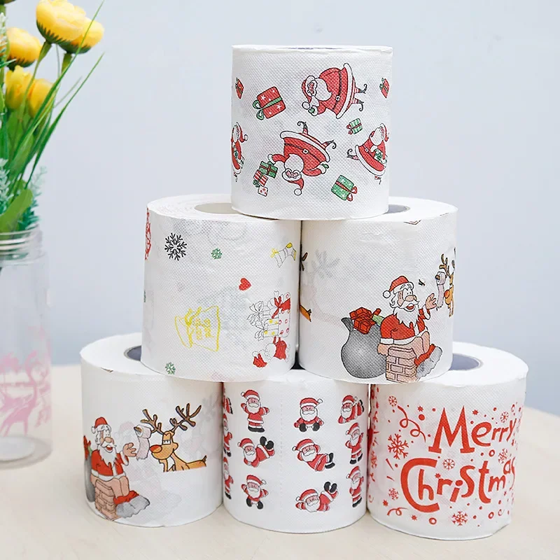 1 rollo de papel higiénico de Navidad, tema de Festival, pulpa de madera impresa, papel higiénico, regalos festivos, rollo de decoración de renos de Papá Noel, suministro