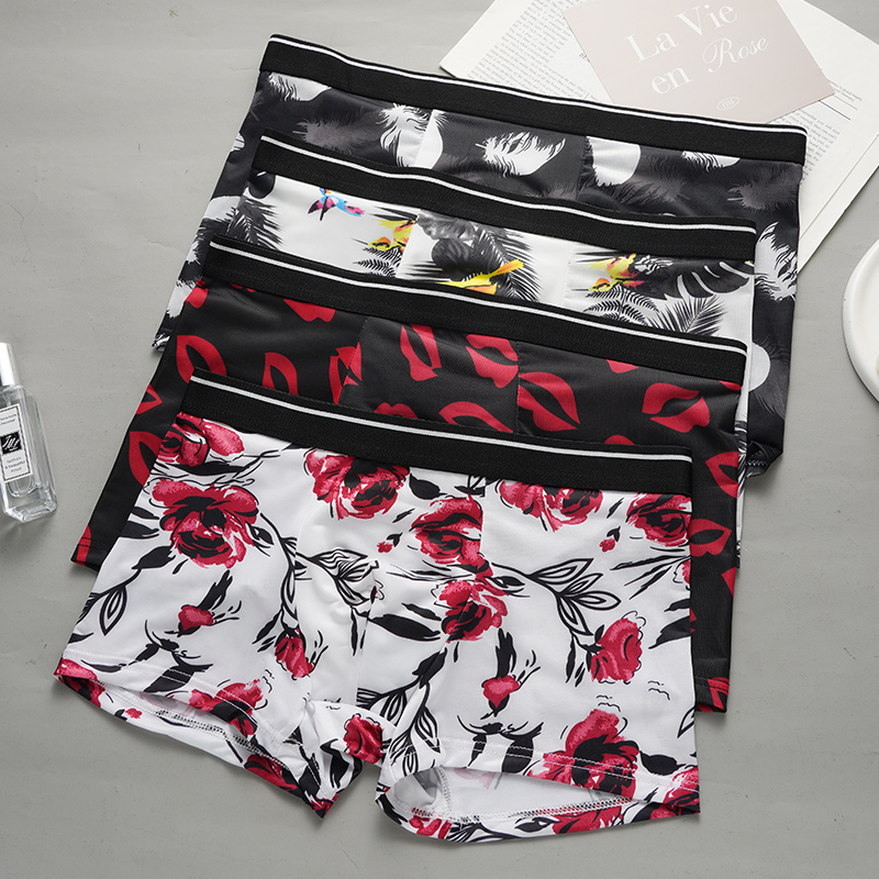 Bedruckte Boxershorts für Herren, Shorts aus Eisseide, sexy, nahtlose Unterwäsche, Unterhose, ultradünne, atmungsaktive Höschen
