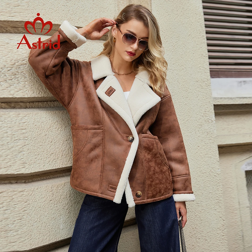 Astrid 2024 Winter Faux Leder Jacke Frauen Warme Pelz Kragen Gepolsterte Mantel Weibliche PU Parkas Mode Pelz leder Oberbekleidung mädchen