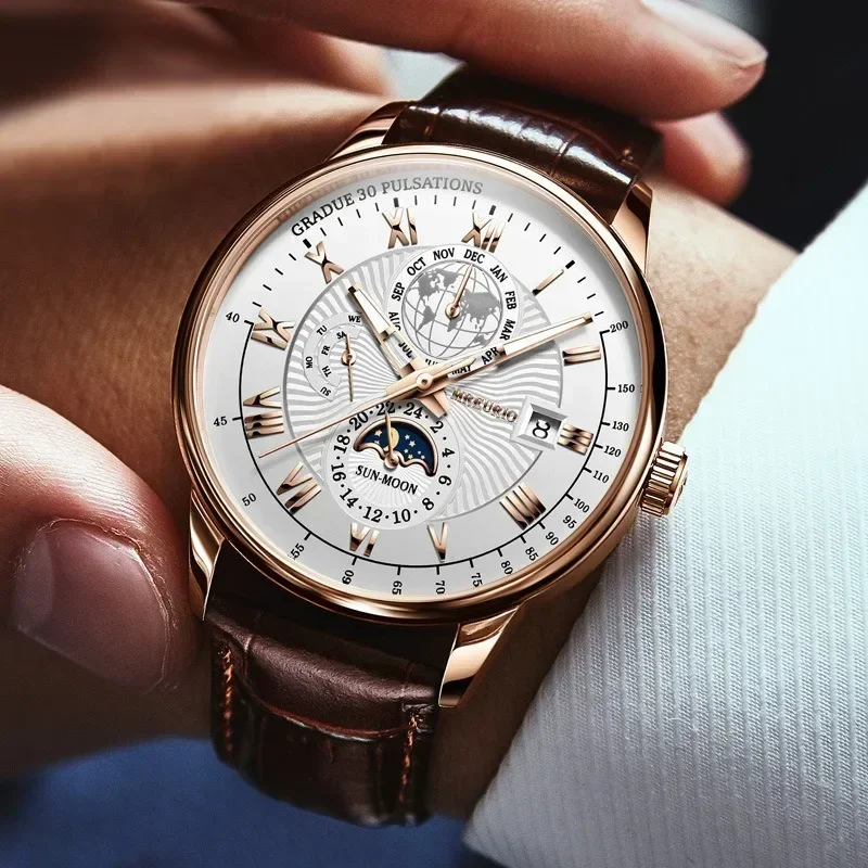 Reloj de lujo para hombre, cronógrafo resistente al agua, patrón de fase lunar, reloj de pulsera luminoso para hombre, relojes de cuarzo de cuero PU para hombre, reloj informal