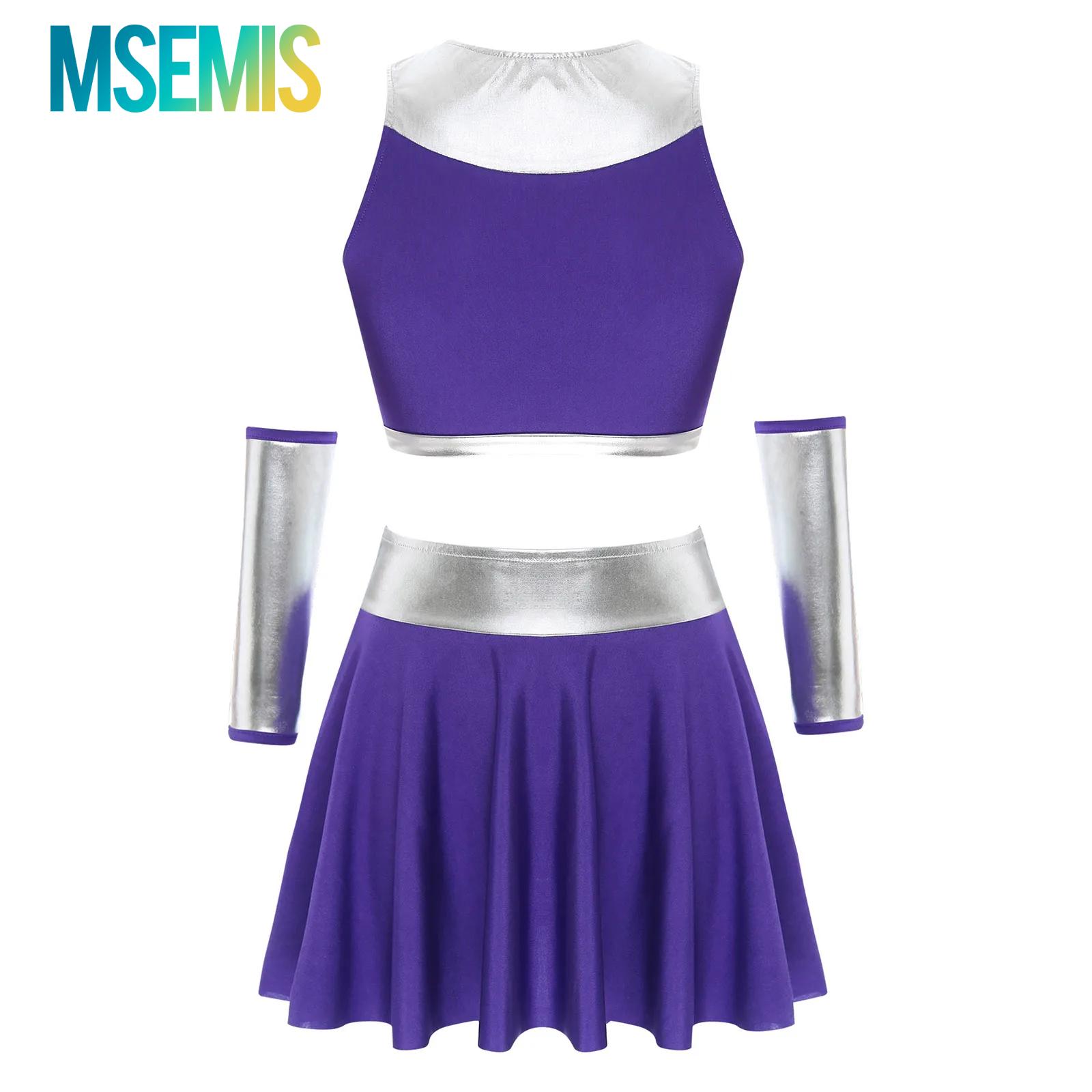 Damen Cheerleading Uniform Tanz Performance Cheerleader Kostüm Crop Top Handschuhe und Mini Swing Rock Halloween Cosplay Kostüm