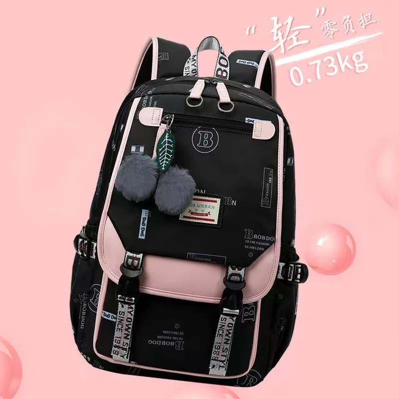 Fengdong 大型ランドセル十代の女の子のための USB ポートキャンバス通学学生ブックバッグファッション黒ピンクティーンスクールバックパック