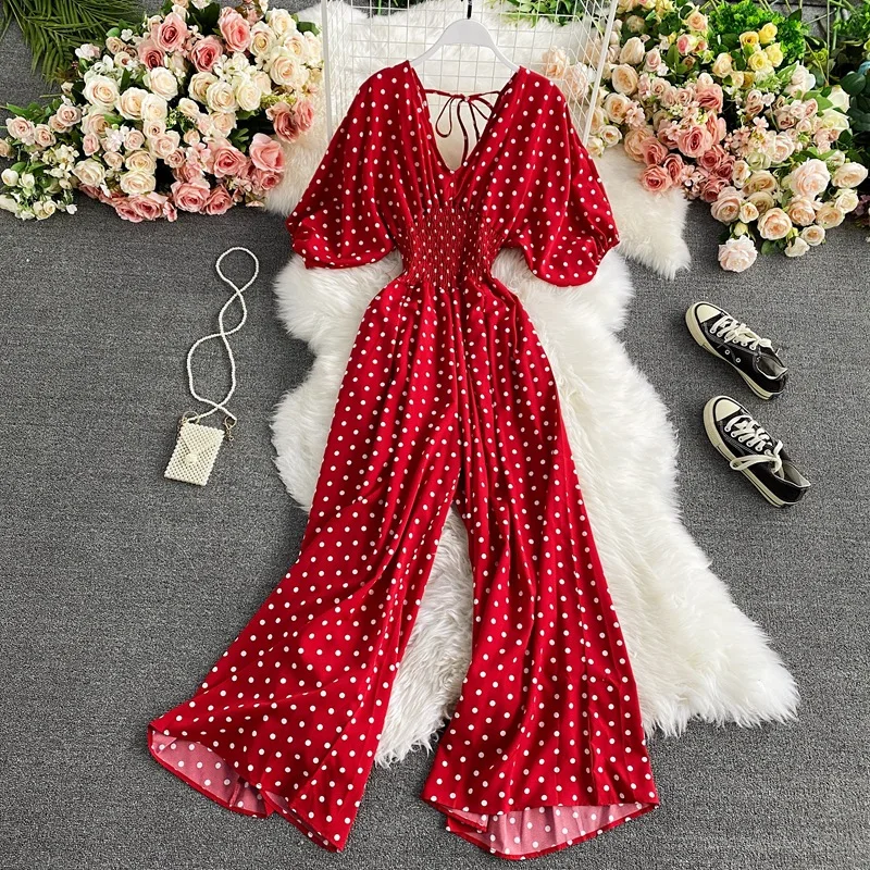 V-Hals Sexy Dolman Mouwen Taille Slanke Polka Dot Print Jumpsuit Vrouwen Wijde Pijpen Broek Jumpsuit