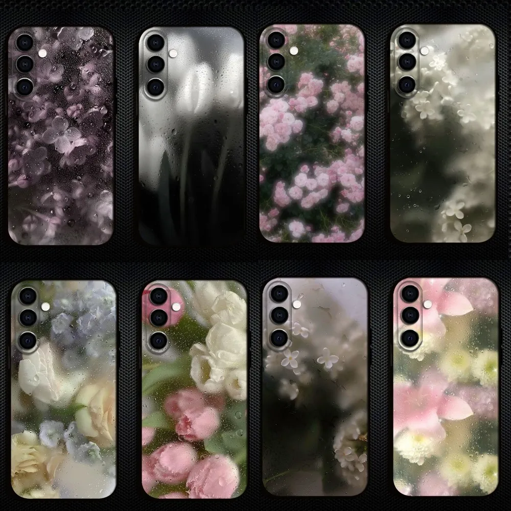 Casing Ponsel Bunga Tetesan Air untuk Samsung Galaxy A73/A72/A71/A70/A53/A52/A51/Cangkang Hitam Lembut Lainnya