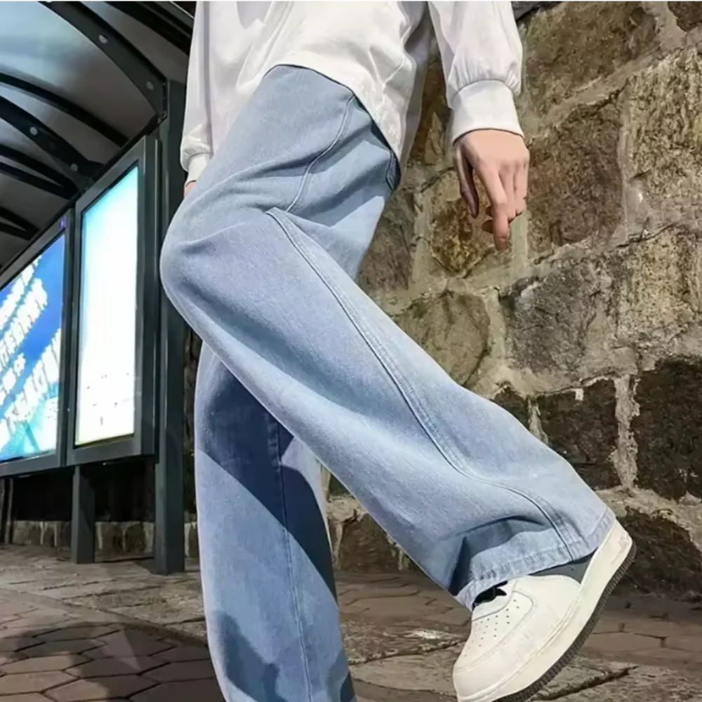 2025 nueva ropa de calle pantalones vaqueros sueltos hombres estilo coreano moda suelta recta pantalones de pierna ancha ropa de marca para hombres negro azul claro 3XL