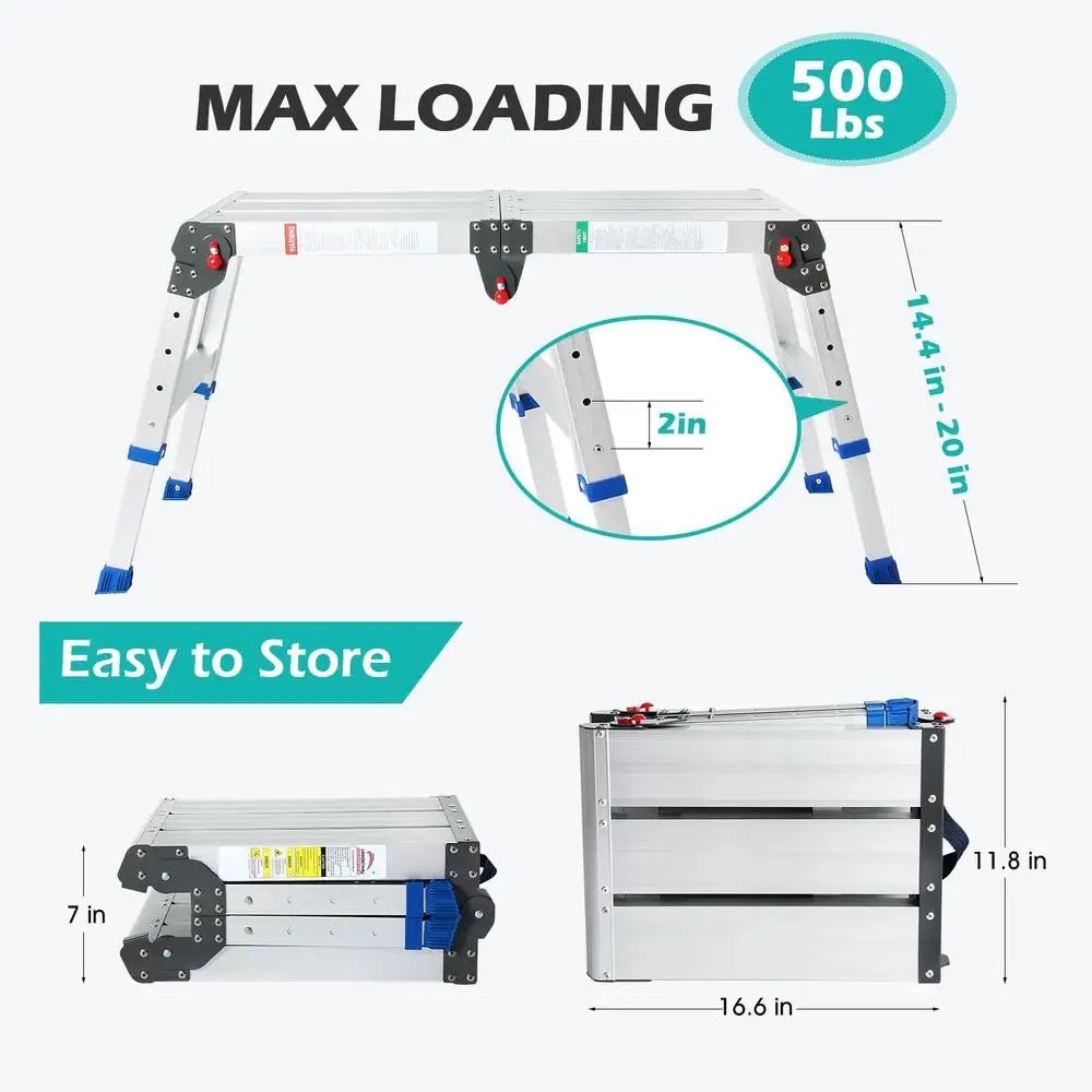 Adjustable Aluminum Work Platform 33in(L x12in(W x20in(H One-Touch Folding Step Stool 500lb Capacity Portable Height Adjustable