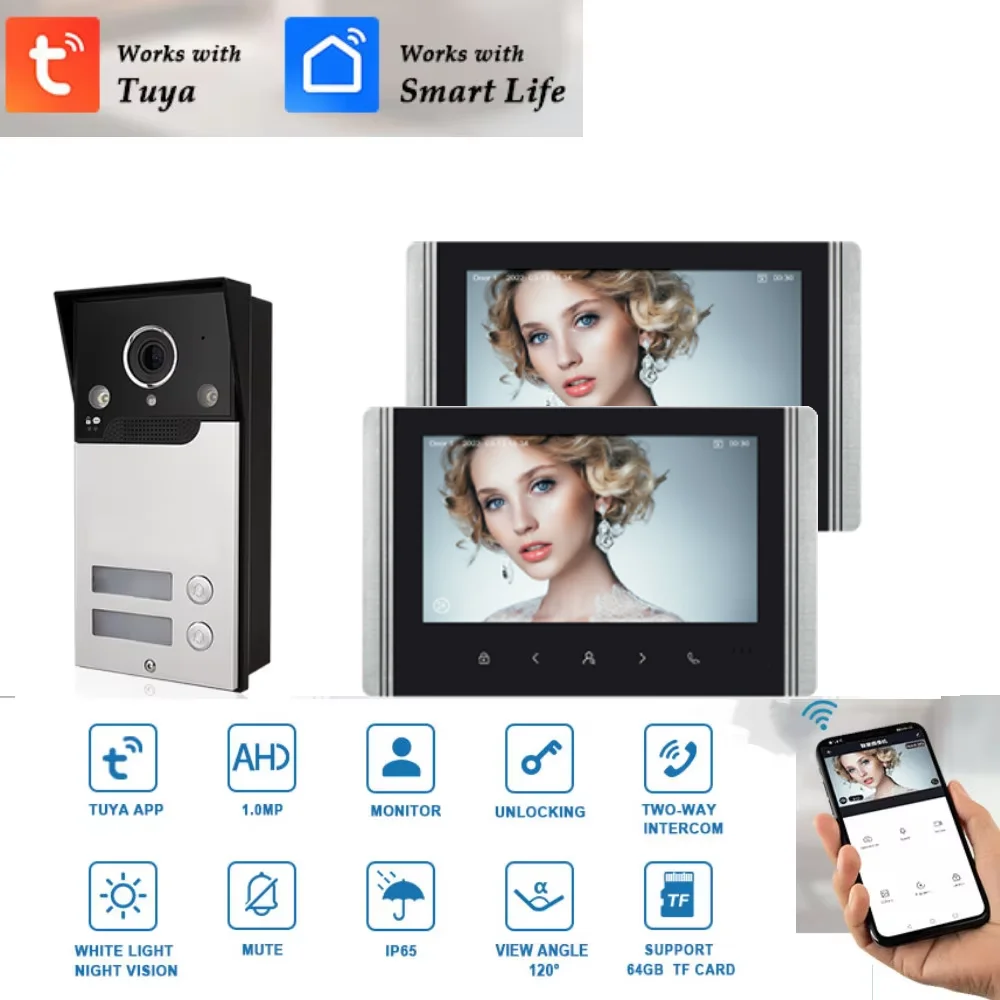 7-Zoll-Monitor Tuya WiFi Video Türklingelkamera Multi Apartment Video-Türsprechanlage Gegensprechanlage für 2 Familien