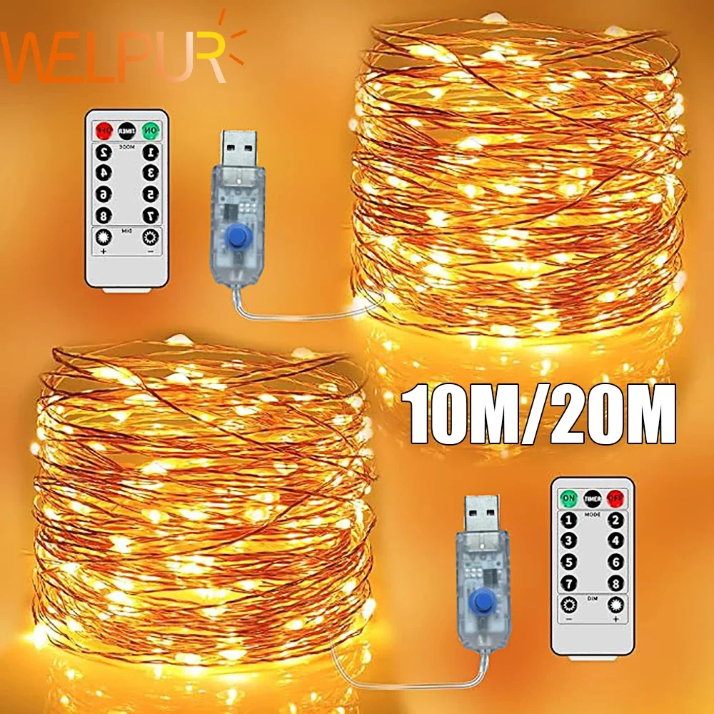 5 M/10 M/20 M USB ไฟ LED String ทองแดงลวดเงิน Garland กันน้ําไฟ Fairy สําหรับคริสต์มาสงานแต่งงานตกแต่ง
