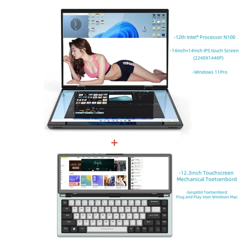 Laptop de tela dupla Processador Intel N100 14 “+ 14” laptop para jogos touch DDR4 32GB 1TB 2TB SSD Notebook Computer