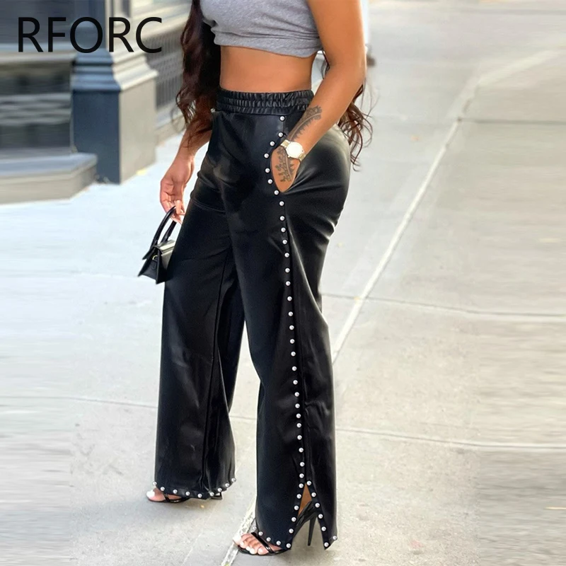 2023 frauen Chic Pu Leder Elastische Taille Niet Seite Dekoration Kleine Silt Gerade Bein Hosen