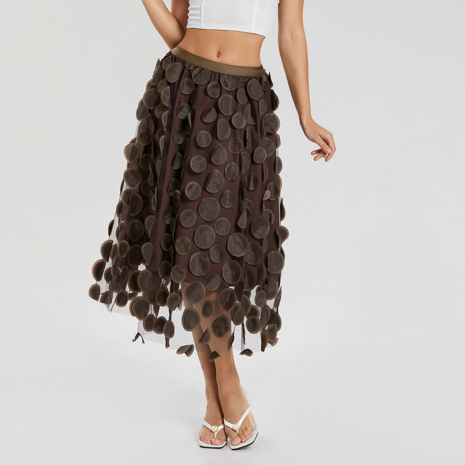 Vrouwen Tule Tutu Rok Effen Kleur 3D Dot Elastische Mesh Fee A-lijn Rok voor Beach Party Streetwear