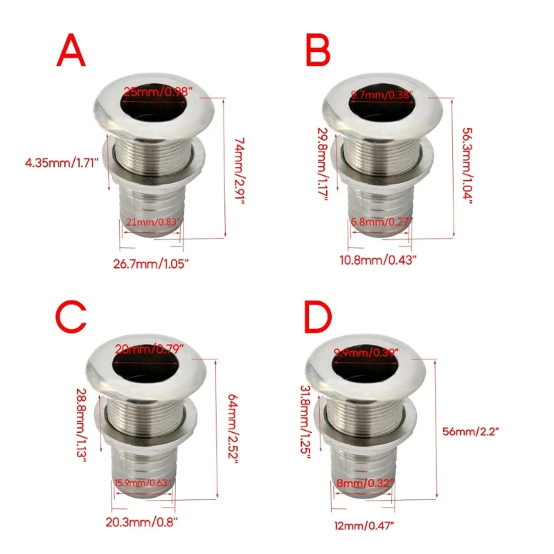 Évent de vidange marin en acier inoxydable pour bateau, pompe de cale de port de sortie d'eau de yacht, raccord droit à travers-hydrassujet, 1 po, 3/4 po, 3/8 po, 1/2 po
