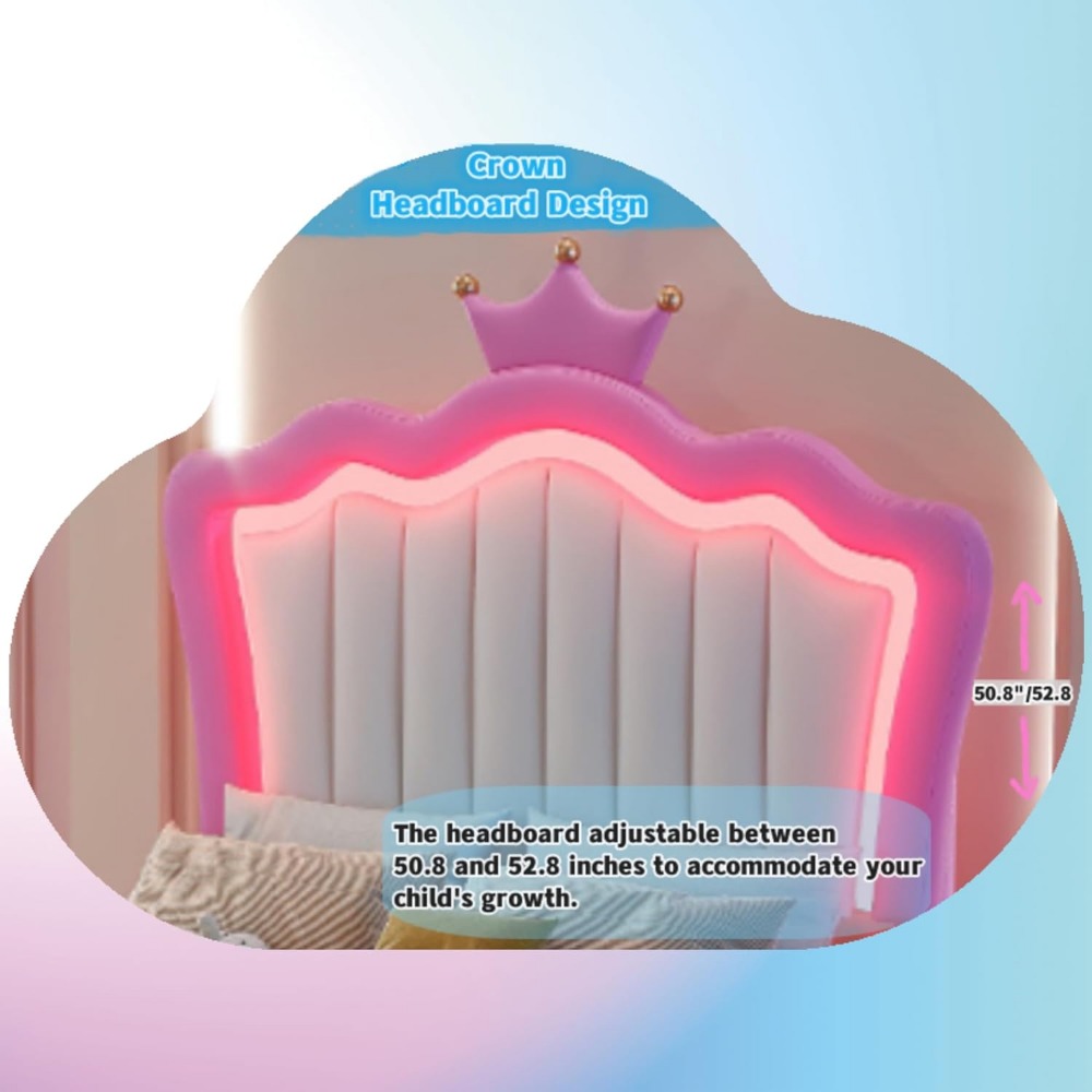 Twin Size Upholstered Bed Frame with LED Lights, Modern Upholstered Princess Bed with Crown Headboard, Pink+White