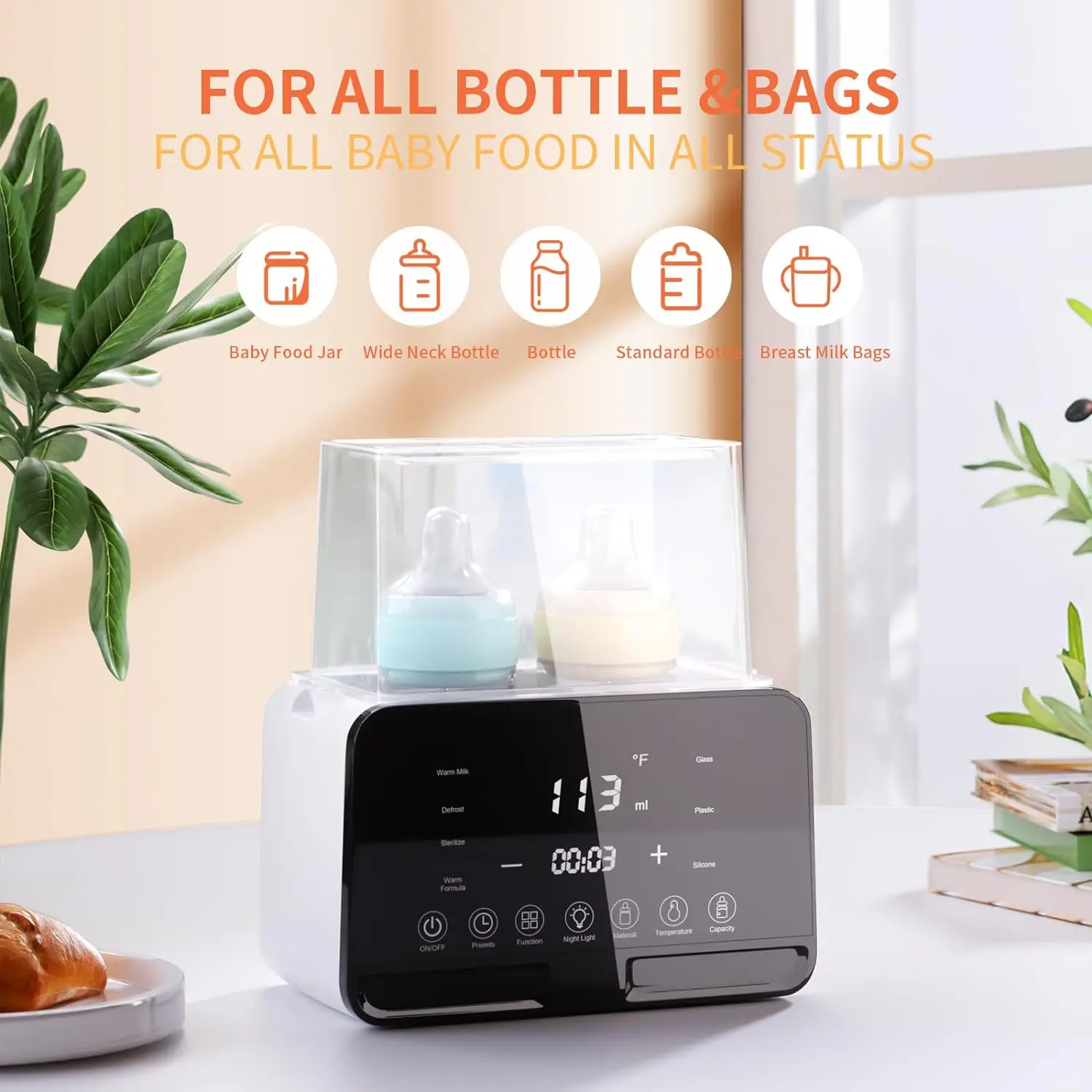タイマー付きベビーボトルウォーマー、正確な温度制御、赤ちゃんの食品加熱、母乳育児の必需品、防御、9-in-1