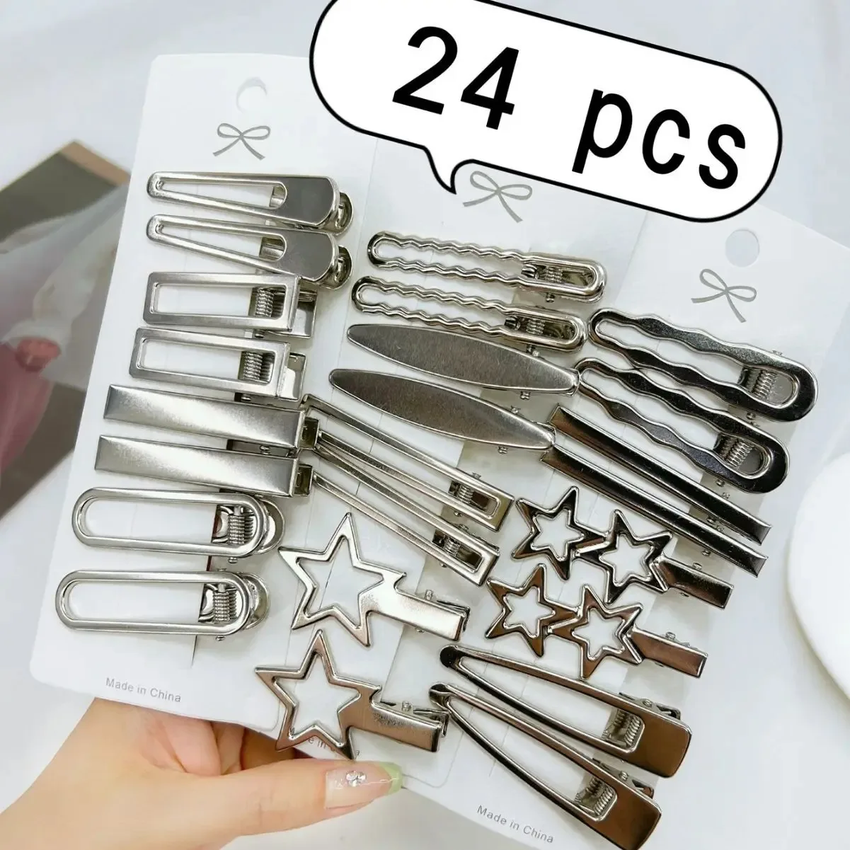 24 unids/set Y2K pinzas para el cabello de Metal plateado para mujeres y niñas accesorios para el cabello de estrella múltiples estilos horquillas de pico de pato sin costuras