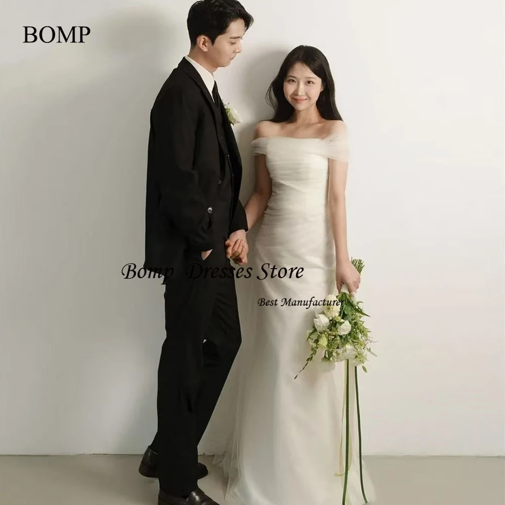 Bomp elegante sereia vestidos de casamento fora do ombro tule macio até o chão vestidos de noiva sessão de fotos personalizado espartilho volta