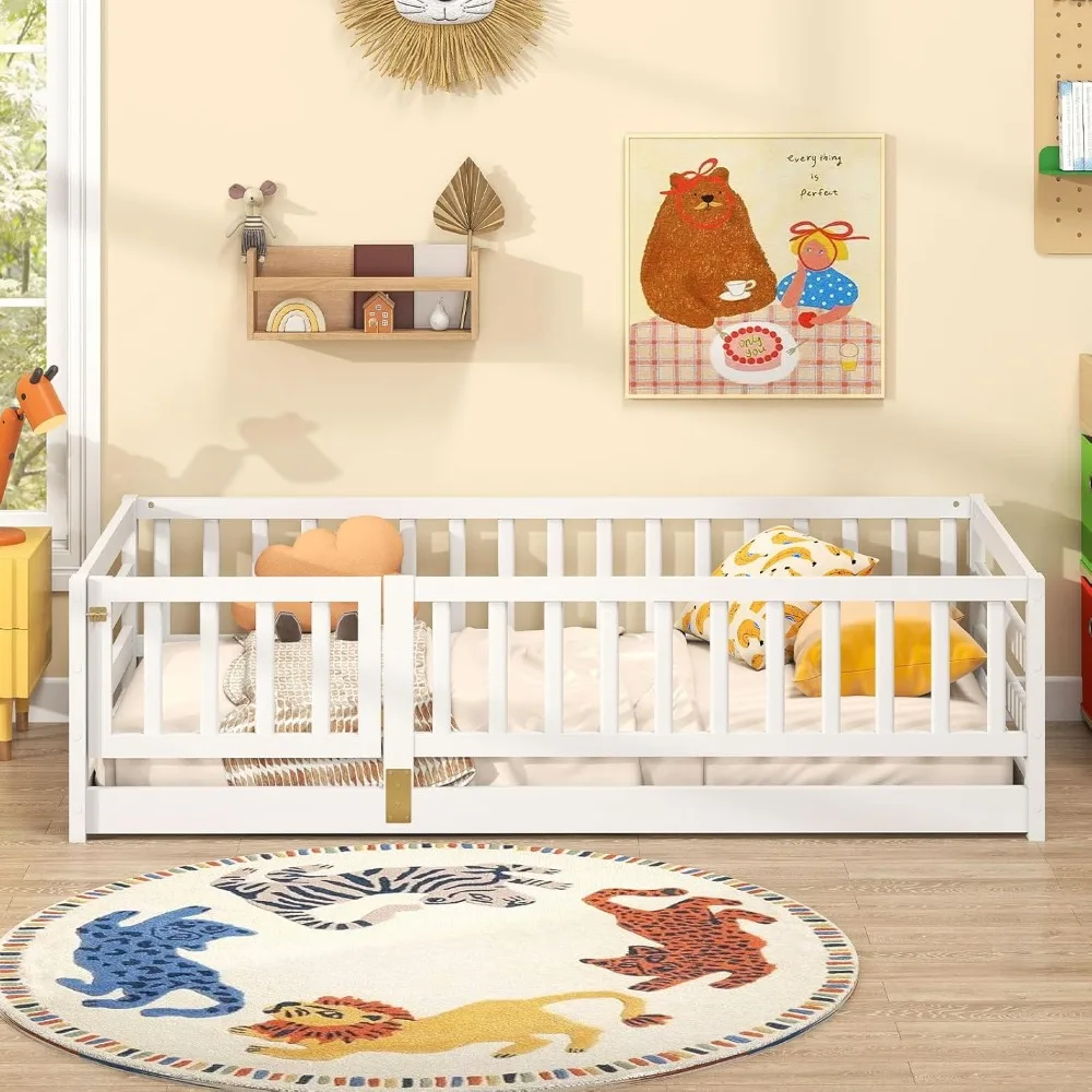 Floor Bed with High Rails, Solid Wood Kids Montessori Beds Frame w/Safety Guardrails & Door, Twin Size Bedframe Platform w/