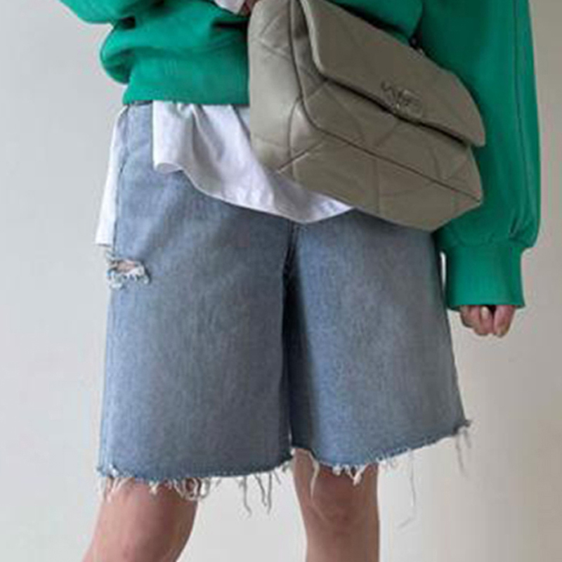 orts Jeans Fs de Cintura Alta, Estilo Vintage, gem Azul, com Fenda Lateral