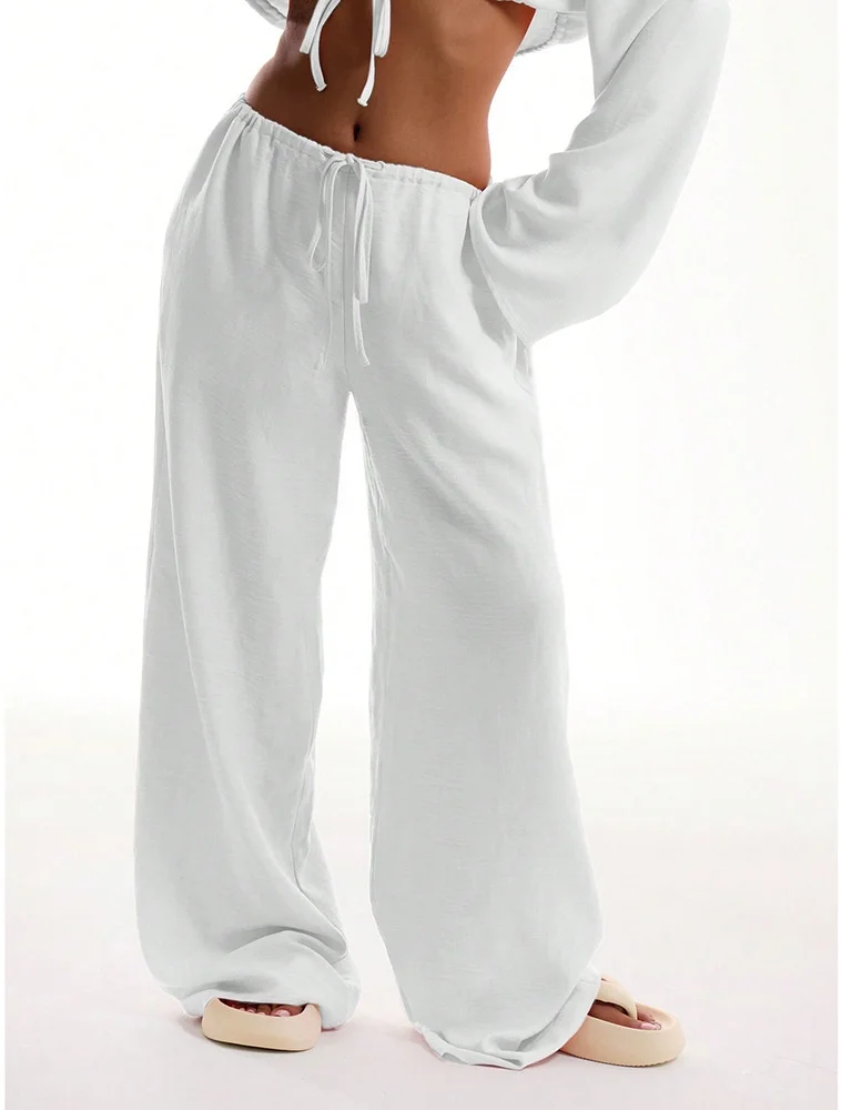 Casual oversized branco sólido calças de perna larga moda feminina elástica cintura alta bolso baggy sweatpant senhora do escritório commute