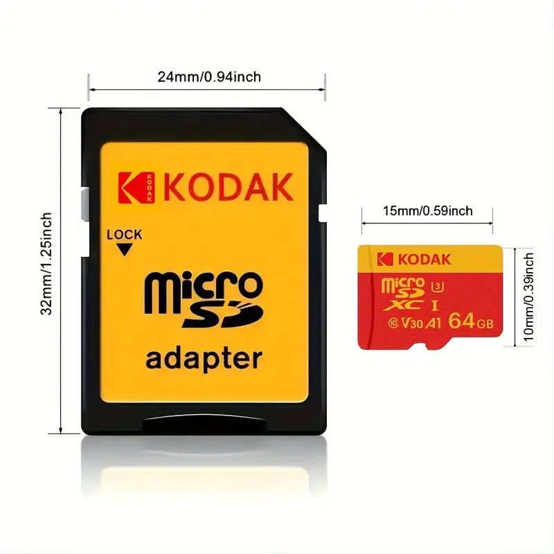 Kodak High Speed ​​Micro SD Card U3 Class 10, up to 100MB/s, TF Memory Card with Adapter - Available in 32GB, 64GB, and 128GB