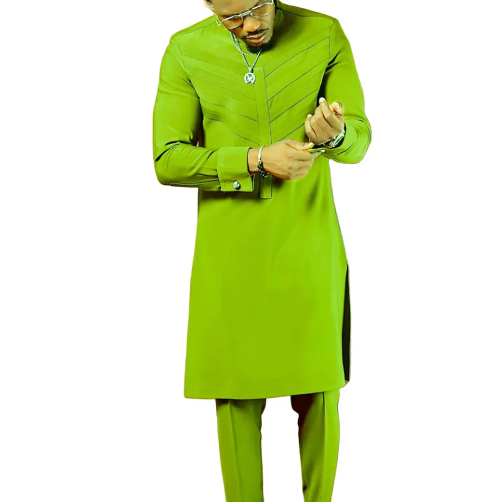Herren-Social-Anzüge, 2er-Set, Herren-Rundhalsausschnitt, lange Ärmel, einfarbig, getäfelte Hemden, Festival, Party, afrikanischer Ethno-Stil (M-4XL)
