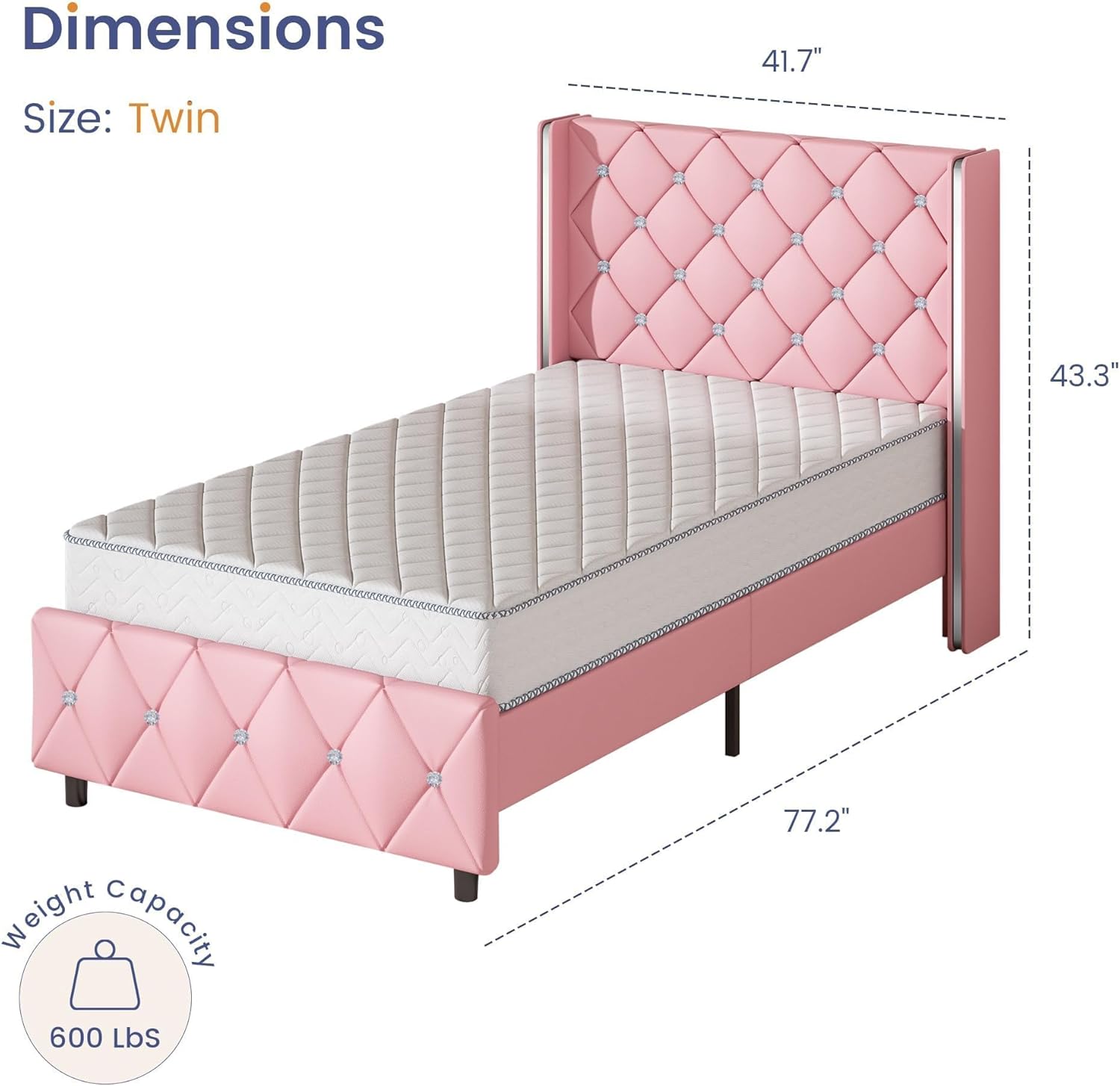 Bed Frame, Upholstered Bed Frame with Diamond Tufted Headboard, Twin Bed Frames for Girls, Cute Princess Bed, Faux L