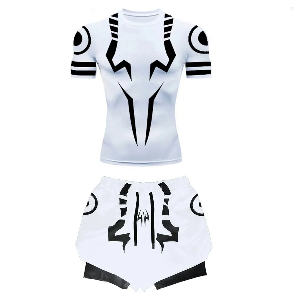 Conjunto de compresión para hombre, camisas de compresión para gimnasio de verano con estampado de Anime Jujutsu Kaisen + pantalones cortos de entrenamiento, conjunto deportivo transpirable de secado rápido
