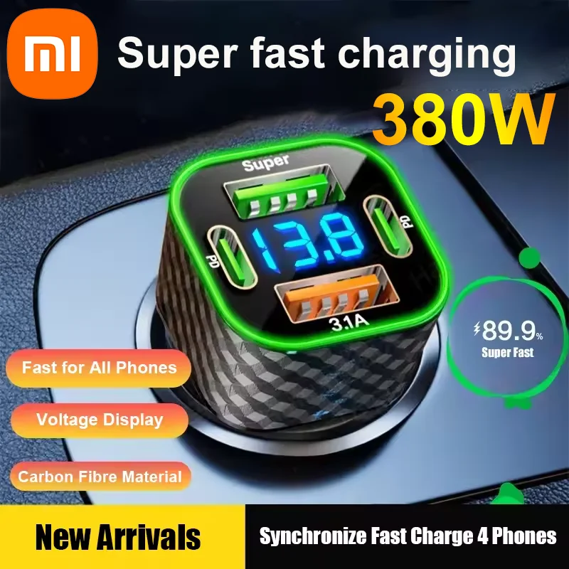 Xiaomi 380W USB C Car Phone Charger Dual PD 4 in 1 with Voltage Display Super Fast Charge Adapter for iPhone Oppo Vivo Samsung