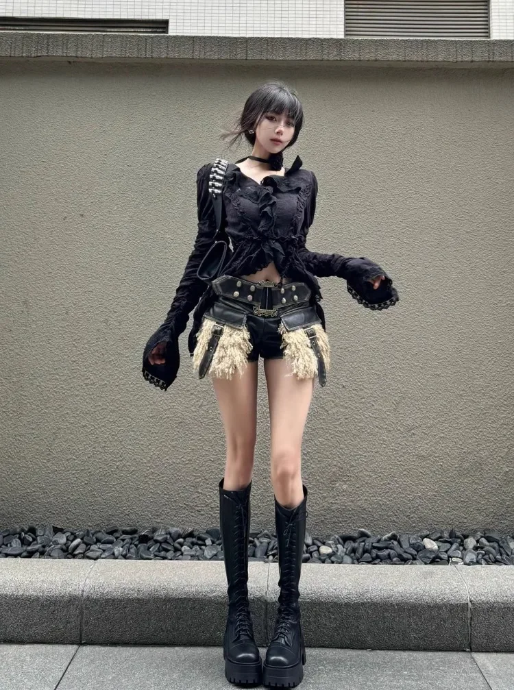 ヴィンテージ V ネック黒シャツ女性春秋の新スリムウエストフリルブラウス Y2k グランジ長袖 Blusas Mujer