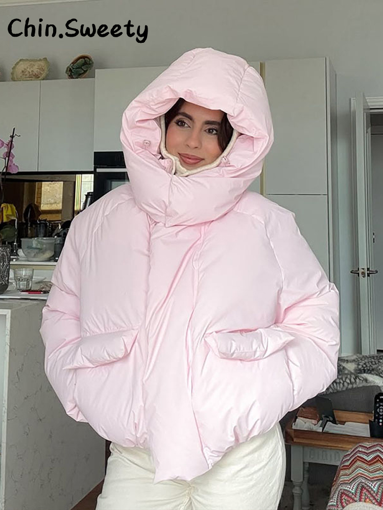Warme frauen Mit Kapuze Baumwolle Gepolsterte Mäntel Lose Solide Stehkragen Volle Hülse Zipper Taschen Mantel 2025, Herbst Winter Dame outwear